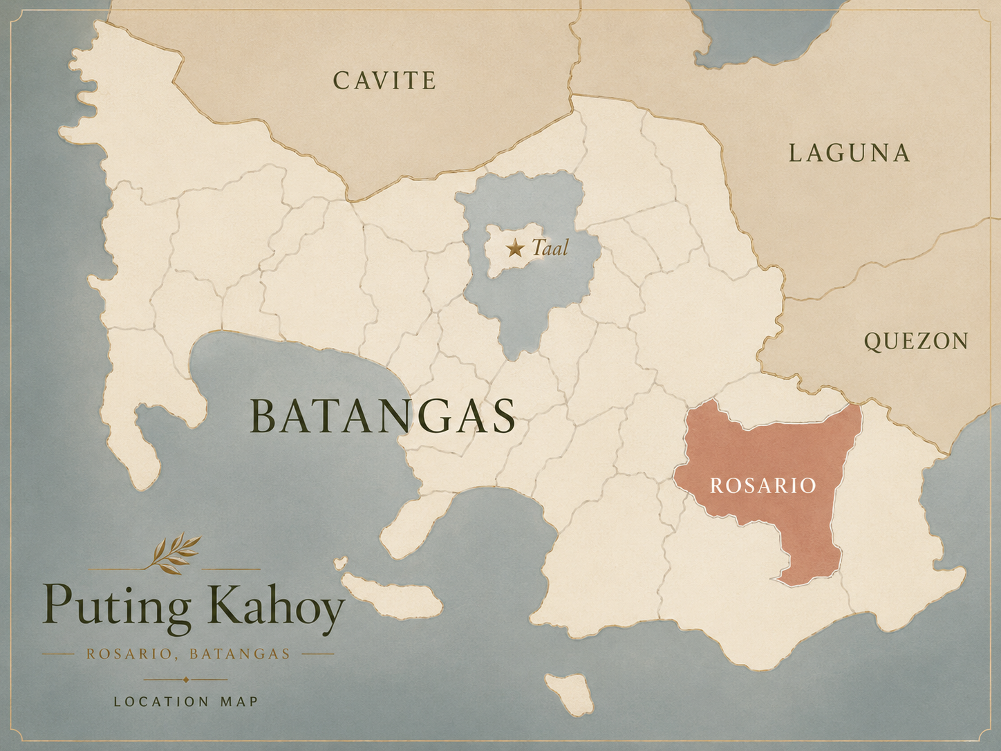 Classic map showing Batangas and Rosario in relation to Cavite, Laguna, Quezon, and Taal Lake