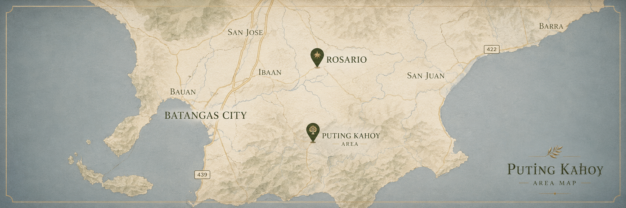 Area map showing Puting Kahoy near Rosario, Batangas City, San Juan, and Barra