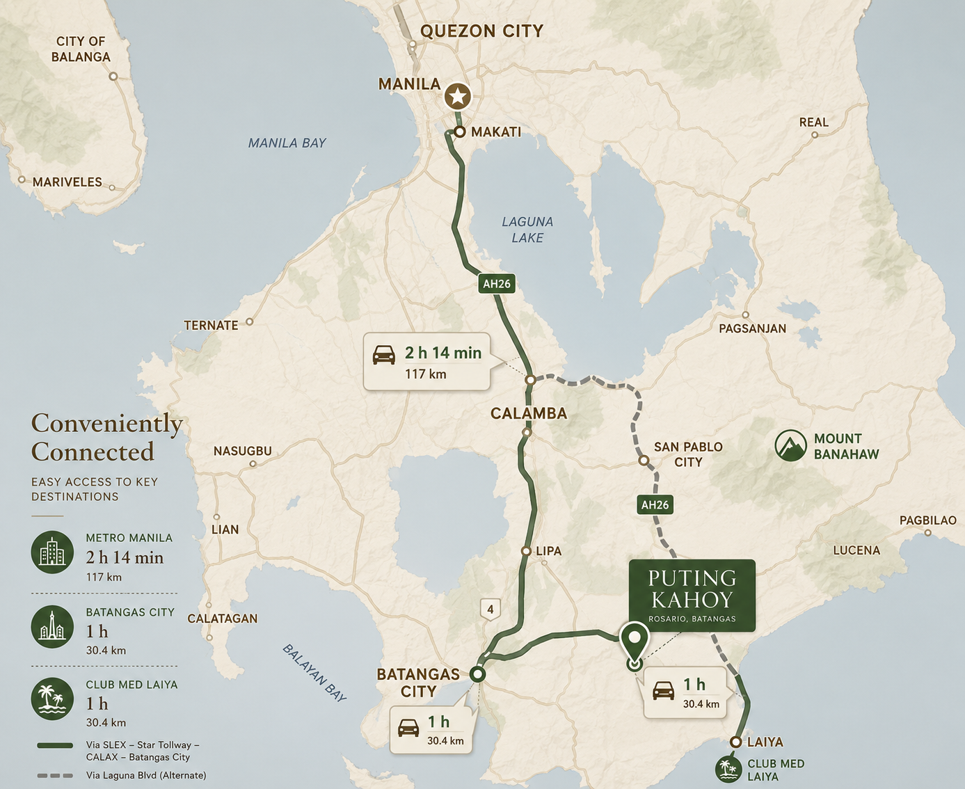 Access map showing routes from Puting Kahoy to Metro Manila, Batangas City, and Club Med Laiya