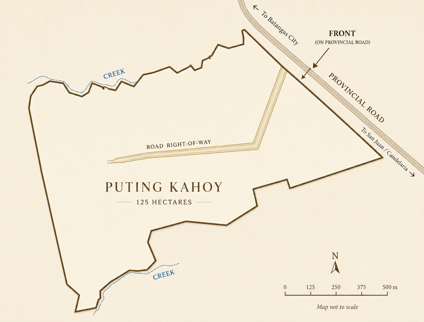 Property boundary map showing the 125-hectare Puting Kahoy outline, road right-of-way, creeks, and provincial road frontage